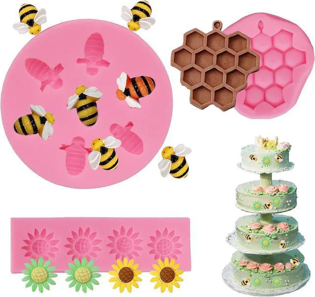 Alt view image 4 of 7 - 4 Pcs Bumble Bee Silicone Mold Honeycomb Sunflower and Bee Fondant Molds Kit Cupcake Hive DIY Chocolate Fondant Candy Cookies Crafting Party Wedding Cake Sugar Dessert Decorating Baking Mold (Pink)