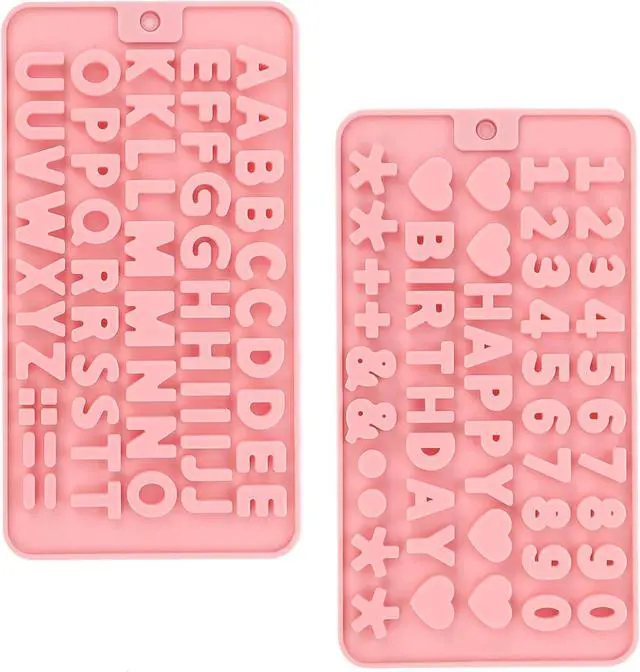 Main image of 2 pcs Pink Number Chocolate Molds and Letter Silicone Molds,kitchen utensils,with Happy Birthday Cake Decorations Symbols,for Chocolate, Candy, ice cubes,cake cookies