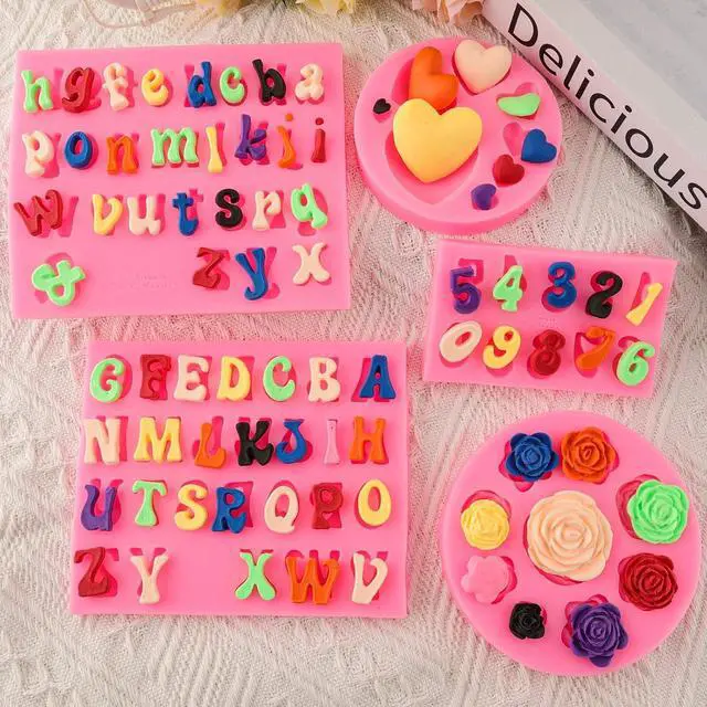 Alt view image 5 of 7 - Letter Molds Alphabet Molds 5pcs Letter Number Heart Shape Flower Silicone Mold for Chocolate Fondant Polymer Clay Candy Gummy Cake Decorating
