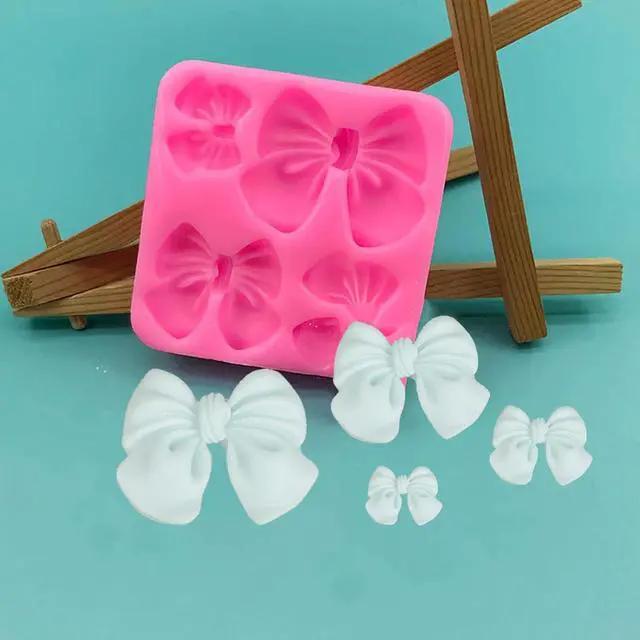 Alt view image 4 of 7 - 4Pcs Silicone Bow Molds for Cakes, Cupcakes, Chocolate, Candy, Sugar Craft, and Resin Crafts - Pink and Gray Bow Mold Set