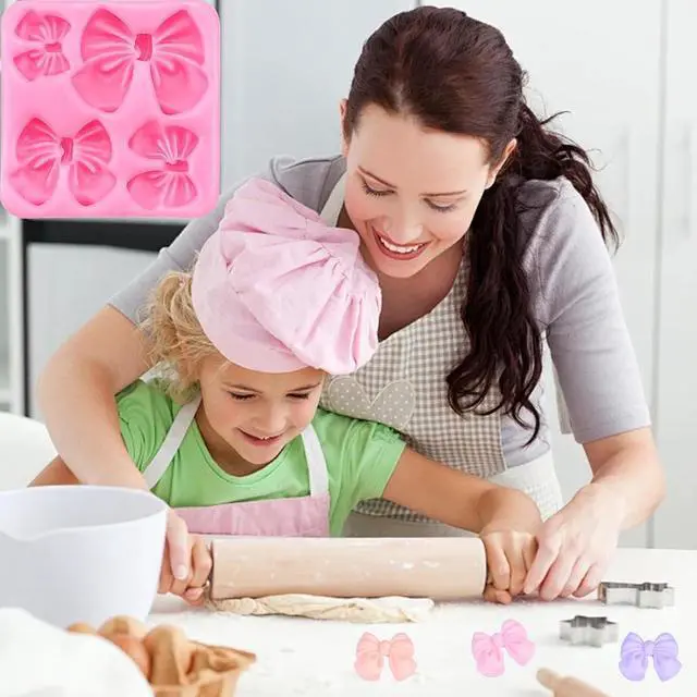 Alt view image 6 of 7 - 4Pcs Silicone Bow Molds for Cakes, Cupcakes, Chocolate, Candy, Sugar Craft, and Resin Crafts - Pink and Gray Bow Mold Set