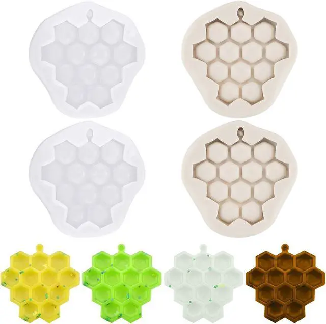 Main image of 4 Pieces Silicone Honeycomb Bee Molds Beehive Fondant Mold Cake Cupcake Decorating DIY Chocolate Bee Hive Moulds Kitchen Baking Epoxy Resin Molds for Candy, Cake, Sugar Crafts, Grey and Translucent