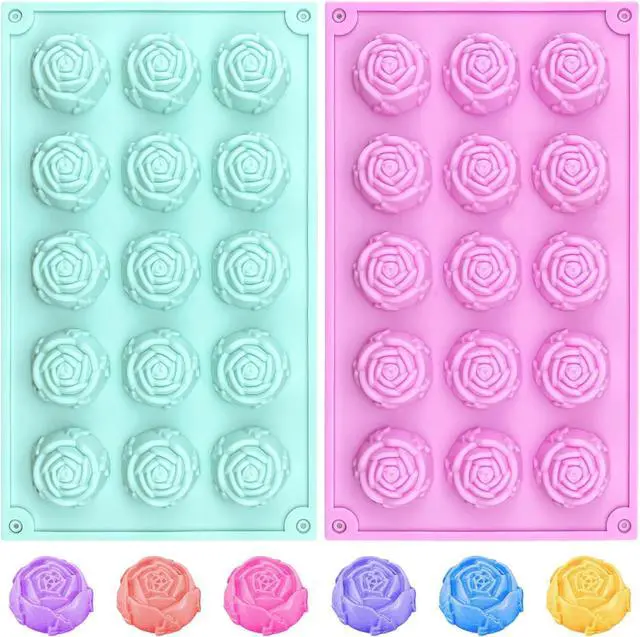 Main image of 2 Pcs Rose Silicone Fondant Molds 15 Cavity Flower Cake Resin Mold Candy Chocolate Ice Cube Fondant Molds Kitchen Baking Tools for Sugarcraft Cake Decorating