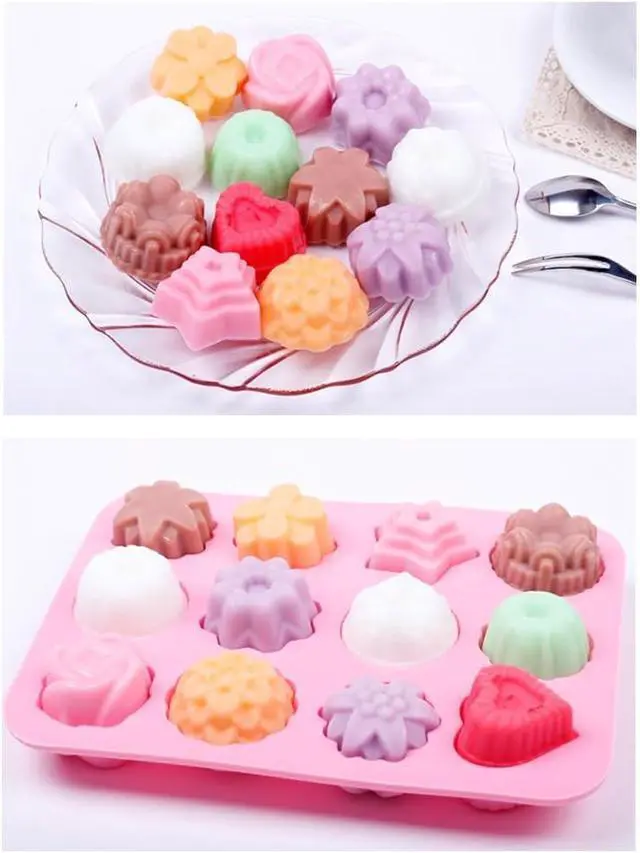 Alt view image 2 of 5 - homEdge Food Grade Silicone Flowers Molds, Baking Pan with Flowers and Heart Shape Non-Stick 3-Pack Silicone Molds for Chocolate, Candy, Jelly, Ice Cube, Muffin (Pink, Blue and Green)