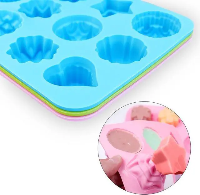 Alt view image 3 of 5 - homEdge Food Grade Silicone Flowers Molds, Baking Pan with Flowers and Heart Shape Non-Stick 3-Pack Silicone Molds for Chocolate, Candy, Jelly, Ice Cube, Muffin (Pink, Blue and Green)