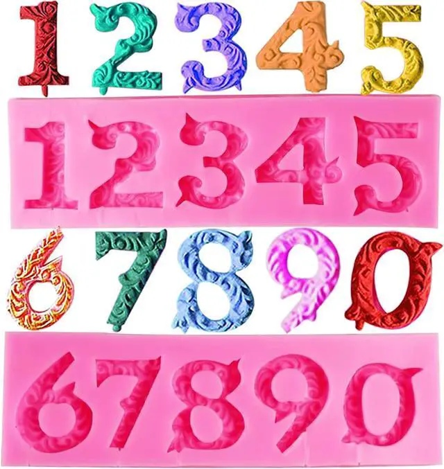 Main image of Number Molds, AIMEIKI 2 Pack 3D Silicone Number 0-9 Embossed Fondant Chocolate Baking Molds for Decorating Birthday Cake Candy Chocolate DIY Craft Projects