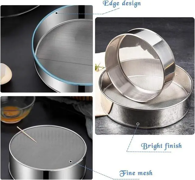 Alt view image 4 of 7 - 2 Pack Flour Sifter,Stainless Steel Fine Mesh Strainers Flour Sieve,60 Mesh Round Sifter for Baking Cake Bread (6-Inch and 8-Inch)