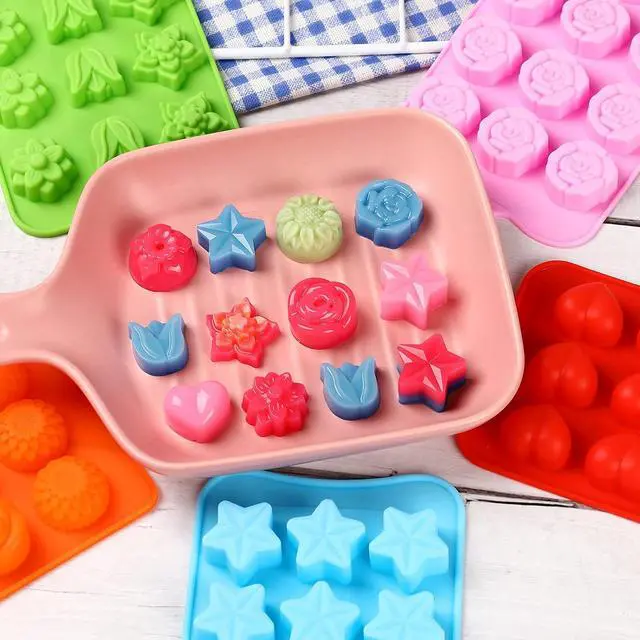 Alt view image 6 of 7 - FIRETREESILVERFLOWER Flower Shape Chocolate Candy Molds Set,Heart,The stars,The rose,Flowers in Combination,15 Cavity Silicone Baking Mold Ice Cube Tray-Wedding,Festival,Parties and DIY Crafts-(6Pcs)