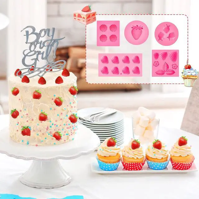 Alt view image 6 of 6 - 5 Pcs Strawberry Silicone Mold, 3D Strawberry Fondant Molds for Cake Decor