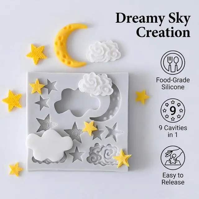 Alt view image 3 of 7 - 3Pcs White Star Moon Clouds Shaped Silicone Fondant Molds, Candy Chocolate Molds for DIY Cake Fondant Cookie Cloud Fondant Mold Moon For Candy Baking Sugar Cakes Decorating Candy Making Supplies