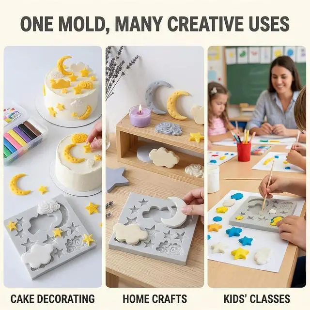 Alt view image 7 of 7 - 3Pcs White Star Moon Clouds Shaped Silicone Fondant Molds, Candy Chocolate Molds for DIY Cake Fondant Cookie Cloud Fondant Mold Moon For Candy Baking Sugar Cakes Decorating Candy Making Supplies