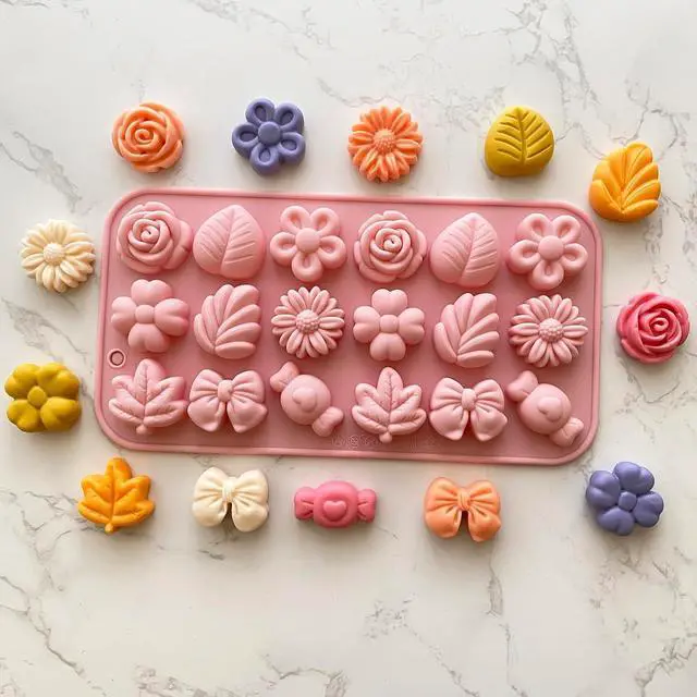 Alt view image 5 of 7 - Flower Candy Molds Silicone 2PCS Daisy Flower Chocolate Molds Tulip Flower Mold Bow Tie Leaf Jello Molds Ice Mold Pudding Molds Soap Molds Cookie Molds for Desserts Making