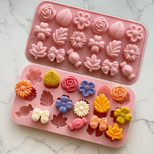 Alt view image 4 of 7 - Flower Candy Molds Silicone 2PCS Daisy Flower Chocolate Molds Tulip Flower Mold Bow Tie Leaf Jello Molds Ice Mold Pudding Molds Soap Molds Cookie Molds for Desserts Making