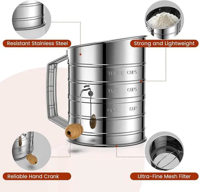 Alt view image 2 of 6 - Flour Sifter for Baking, 3 Cup Hand Crank Sifter with Rotary