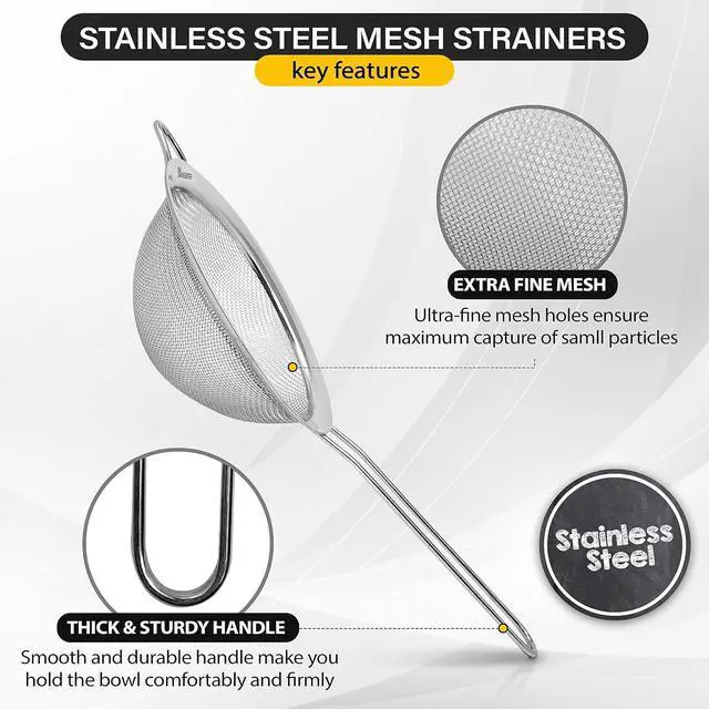 Alt view image 3 of 7 - 3 Pack Stainless Steel Fine Mesh Strainers with Handle, 3 Sizes