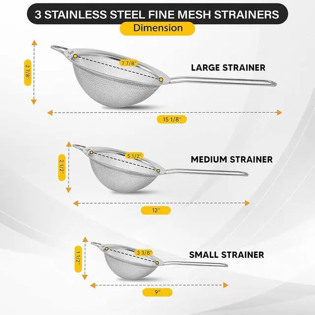 Alt view image 2 of 7 - 3 Pack Stainless Steel Fine Mesh Strainers with Handle, 3 Sizes