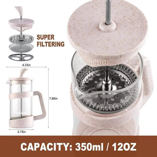 Alt view image 4 of 7 - Sivaphe Small French Press 12 fl.oz Light-weight Durable High Borosilicate Carafe with Stainless Steel Filter 0.35L Coffee Maker Frothed