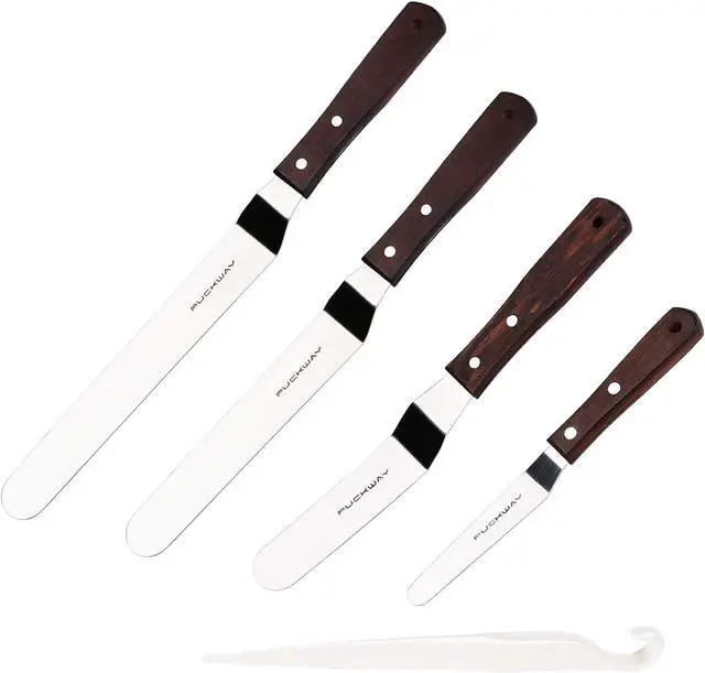 Main image of 4 PCS Cake Decorating Icing Spatula set with 4, 6, 8 & 10 Inch Stainless Steel Blade, Wood Handle Frosting Spatulas and Cake Stripping Tool