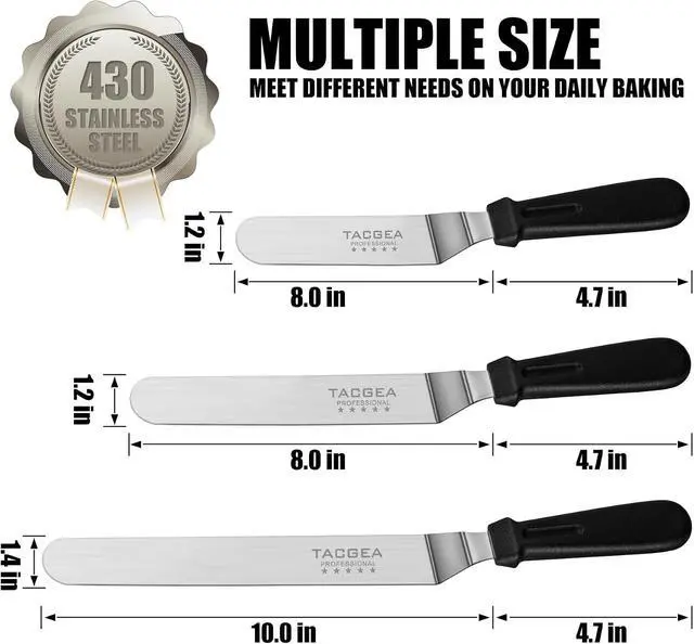 Alt view image 2 of 6 - TACGEA Icing Spatula, Angled Offset Cake Spatula with 6", 8", 10" Stainless Steel Blade Set of 3
