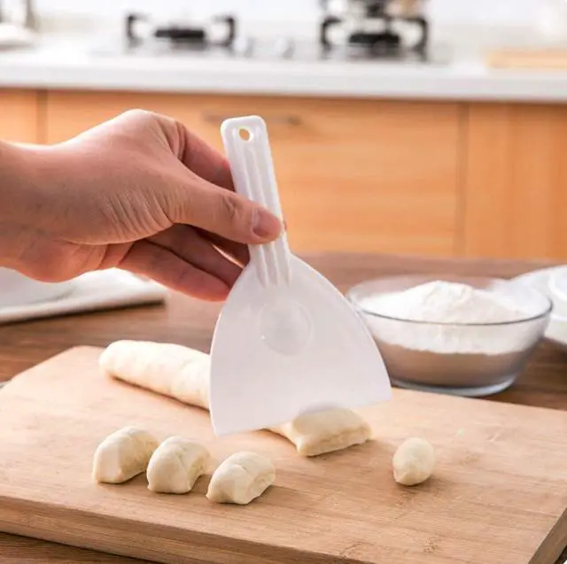 Alt view image 3 of 7 - 2Pcs Kitchen Plastic Scraper with Handle Dough Pastry Scraper Cutter Baking Cake Cream Chocolate Trimming Scraper Spatula Pizza Cutter for Bread Dough Cake Fondant Icing, White
