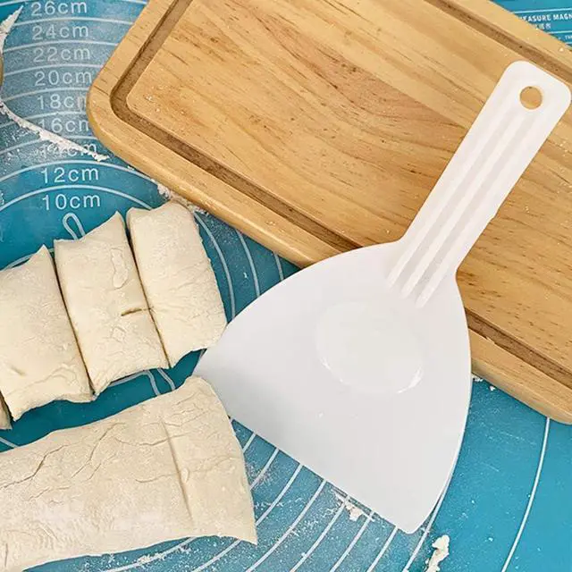 Alt view image 2 of 7 - 2Pcs Kitchen Plastic Scraper with Handle Dough Pastry Scraper Cutter Baking Cake Cream Chocolate Trimming Scraper Spatula Pizza Cutter for Bread Dough Cake Fondant Icing, White
