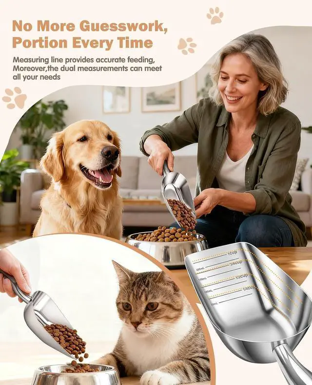 Alt view image 2 of 7 - Stainless Steel Cat-Dog Food-Scoop Measuring 1-Cup, Pet Food Scoop with Measuring Lines For Dogs, Cats, And Kitchen Use, Dishwasher Safe