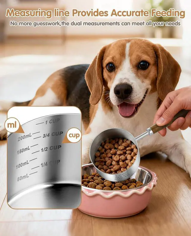 Alt view image 2 of 7 - Stainless Steel Dog Food Scoop 1 Cup, Dog Food Measuring Cup With Measuring Lines (Cup/ML) & Long Wooden Handle, Metal Pet Food Scoop For Dogs, Cats and Kitchen Use, Dishwasher Safe