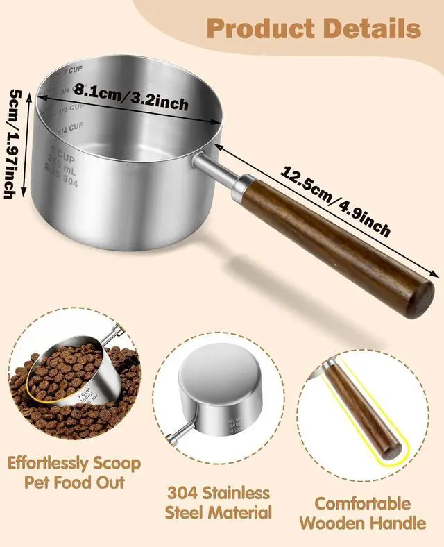 Alt view image 4 of 7 - Stainless Steel Dog Food Scoop 1 Cup, Dog Food Measuring Cup With Measuring Lines (Cup/ML) & Long Wooden Handle, Metal Pet Food Scoop For Dogs, Cats and Kitchen Use, Dishwasher Safe