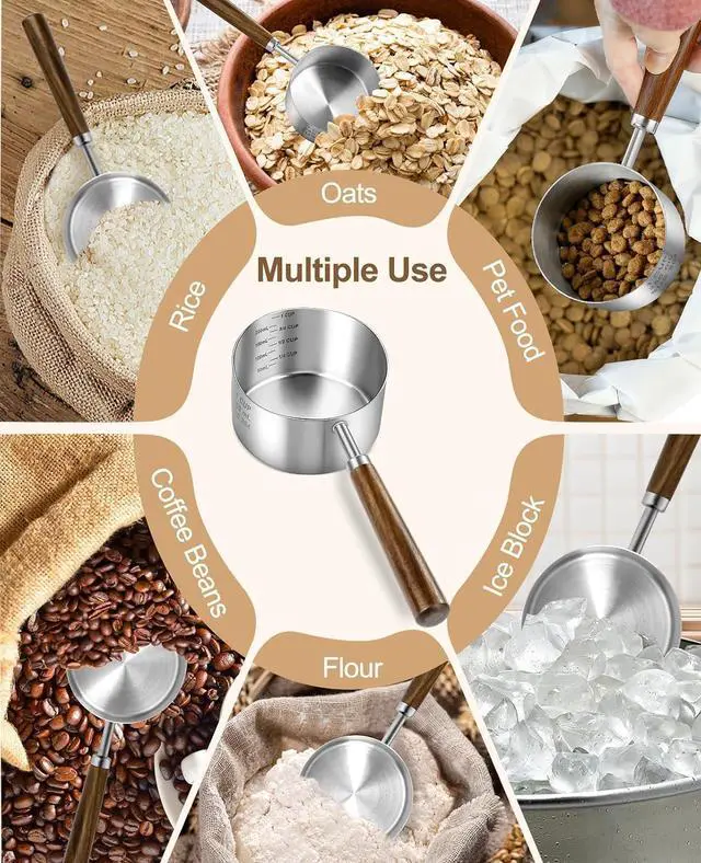 Alt view image 5 of 7 - Stainless Steel Dog Food Scoop 1 Cup, Dog Food Measuring Cup With Measuring Lines (Cup/ML) & Long Wooden Handle, Metal Pet Food Scoop For Dogs, Cats and Kitchen Use, Dishwasher Safe