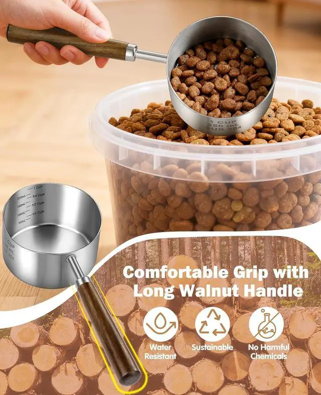 Alt view image 3 of 7 - Stainless Steel Dog Food Scoop 1 Cup, Dog Food Measuring Cup With Measuring Lines (Cup/ML) & Long Wooden Handle, Metal Pet Food Scoop For Dogs, Cats and Kitchen Use, Dishwasher Safe