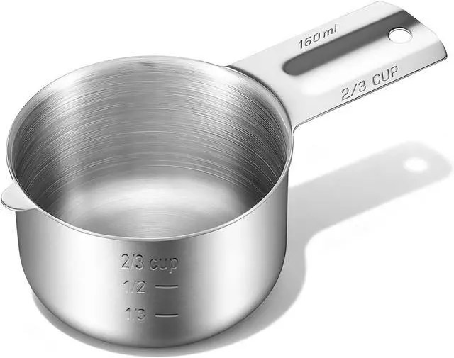 Main image of Single Measuring Cup 2/3Cup, (160ml, 5.3oz) Stainless Steel Measuring Cup Etched Inner Scale Metal Measure Scoop Dishwasher Safe Metric and US Measurement 1PCS