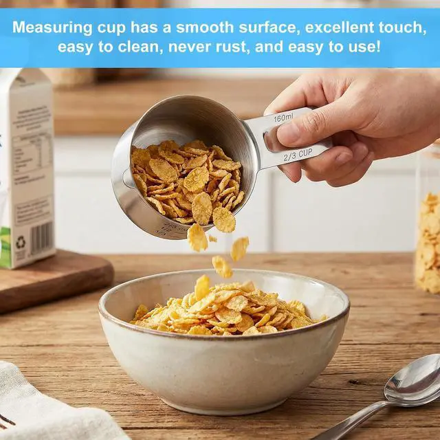 Alt view image 7 of 7 - Single Measuring Cup 2/3Cup, (160ml, 5.3oz) Stainless Steel Measuring Cup Etched Inner Scale Metal Measure Scoop Dishwasher Safe Metric and US Measurement 1PCS