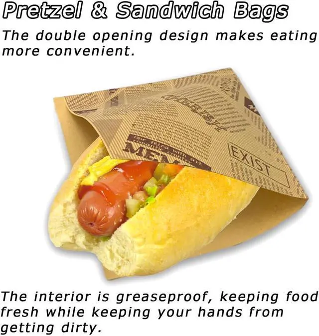 Alt view image 2 of 6 - Soft Pretzel Bags 7"x7" Double Open Sandwich Bags, 50Pcs Grease-Proof Parchment Paper Newspaper Style Wrappers For Cookie Snack Deli Bakery Family Daily Use
