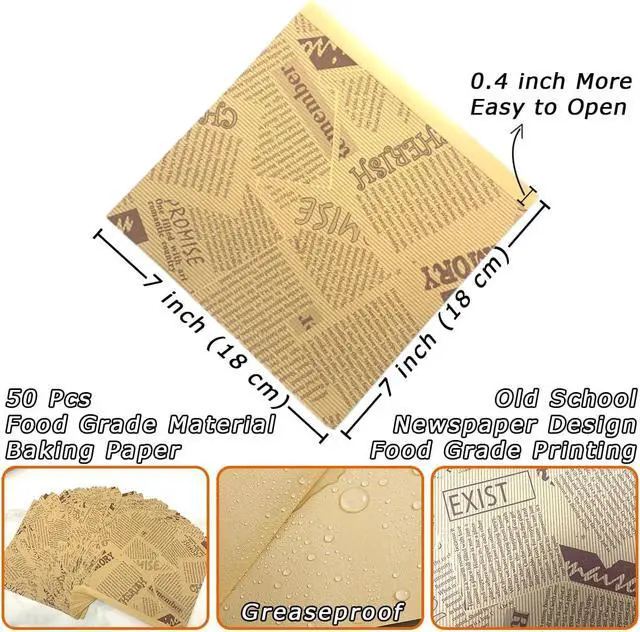 Alt view image 3 of 6 - Soft Pretzel Bags 7"x7" Double Open Sandwich Bags, 50Pcs Grease-Proof Parchment Paper Newspaper Style Wrappers For Cookie Snack Deli Bakery Family Daily Use