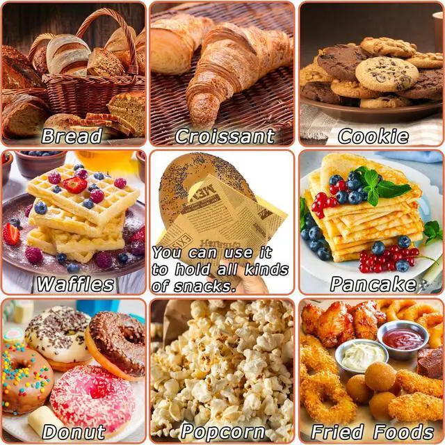 Alt view image 5 of 6 - Soft Pretzel Bags 7"x7" Double Open Sandwich Bags, 50Pcs Grease-Proof Parchment Paper Newspaper Style Wrappers For Cookie Snack Deli Bakery Family Daily Use
