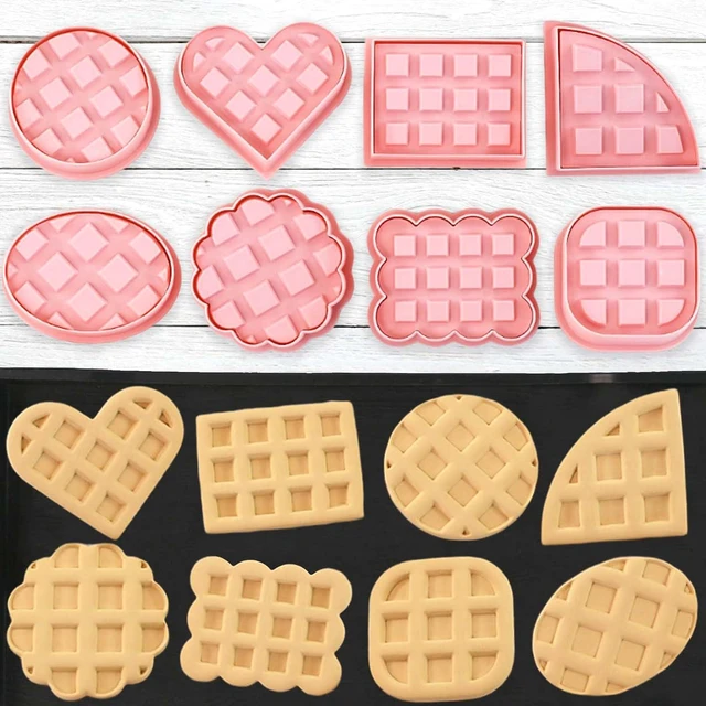 Main image of Mini Waffles Round Cookie Cutters, 8pcs 3d Classic Design Cookie Stamps