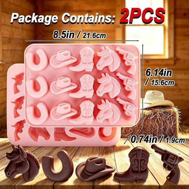 Alt view image 2 of 7 - Western Themed Cowboy Candy Silicone Molds 2PCS, Chocolate Jello Moulds with Horse Head Boot Hat Saddle Design, 15 Cavity Ice Pudding Cookie Mold for Desserts Making - Large Size