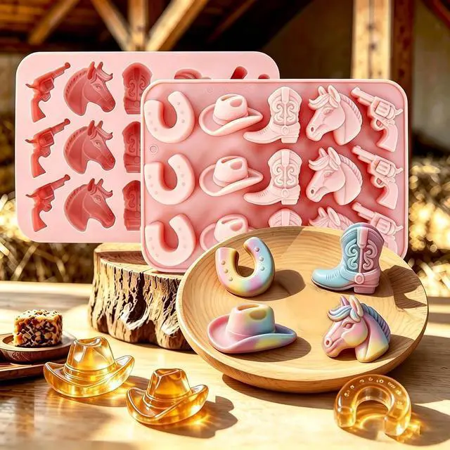 Alt view image 3 of 7 - Western Themed Cowboy Candy Silicone Molds 2PCS, Chocolate Jello Moulds with Horse Head Boot Hat Saddle Design, 15 Cavity Ice Pudding Cookie Mold for Desserts Making - Large Size