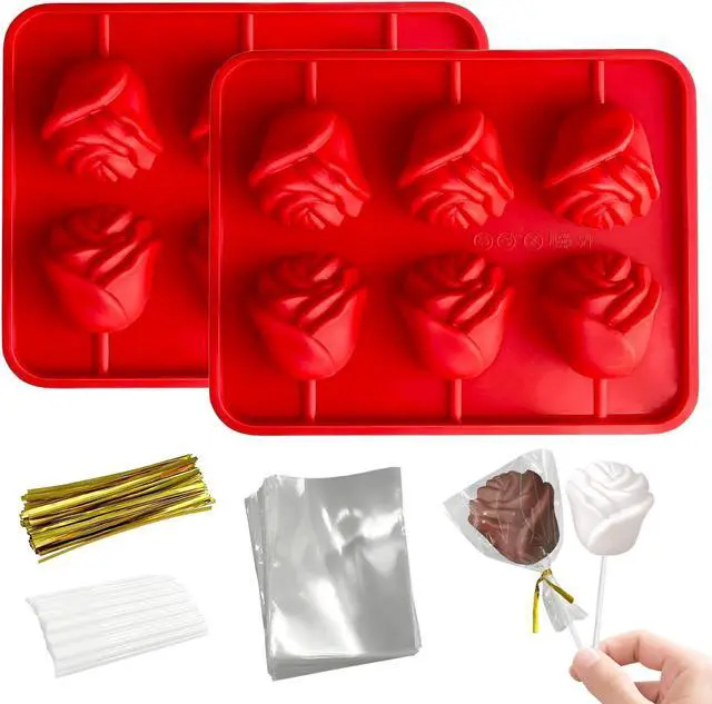 Main image of Lollipop Molds,2 Pack Rose Silicone Cake Pop Mold Set with 100 Sticks