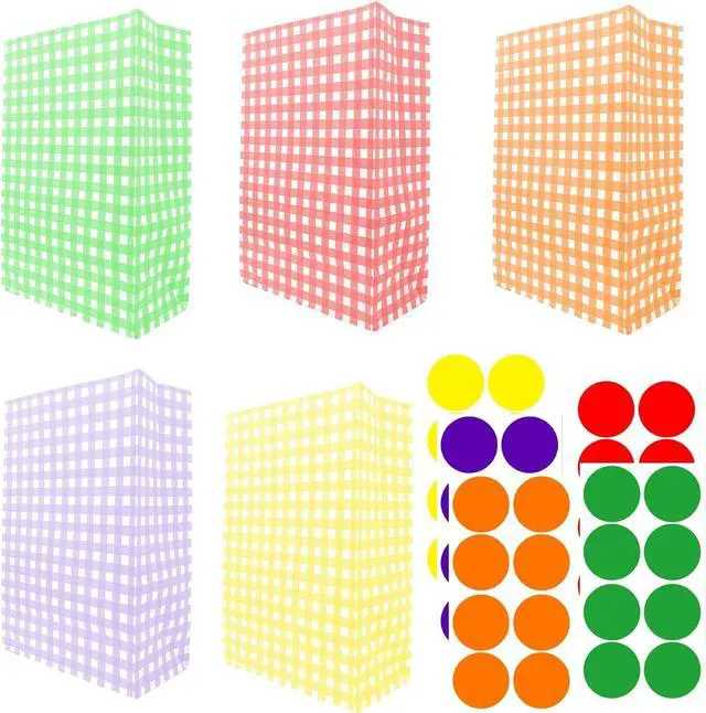 Main image of Chanseen 40 Pack Colorful Plaid Paper Lunch Bags with Stickers Assorted Checkered Treat Bags Gift Bag for Party Favors Candy Goodies Birthday Christmas (5.9"x3.15"x9")