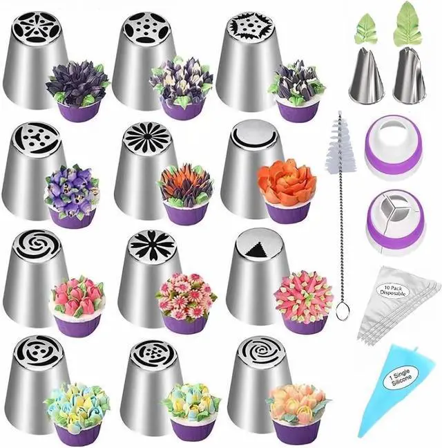 Main image of 28 Pcs Russian Piping Tips Set, Frosting Nozzle Kit, Baking Supplies for Cookie Cupcake (12 Icing Tips 10 Pastry Baking Bags 2 Leaf Piping Tips 2 Couplers 1 Silicone Bag 1 cleaning brush)