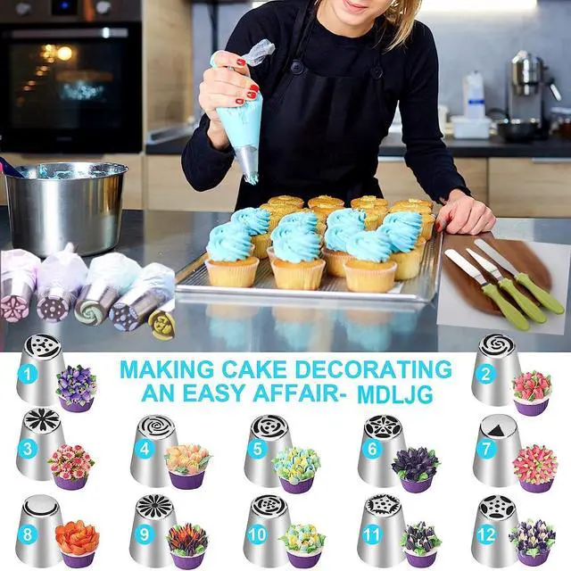 Alt view image 4 of 7 - 28 Pcs Russian Piping Tips Set, Frosting Nozzle Kit, Baking Supplies for Cookie Cupcake (12 Icing Tips 10 Pastry Baking Bags 2 Leaf Piping Tips 2 Couplers 1 Silicone Bag 1 cleaning brush)