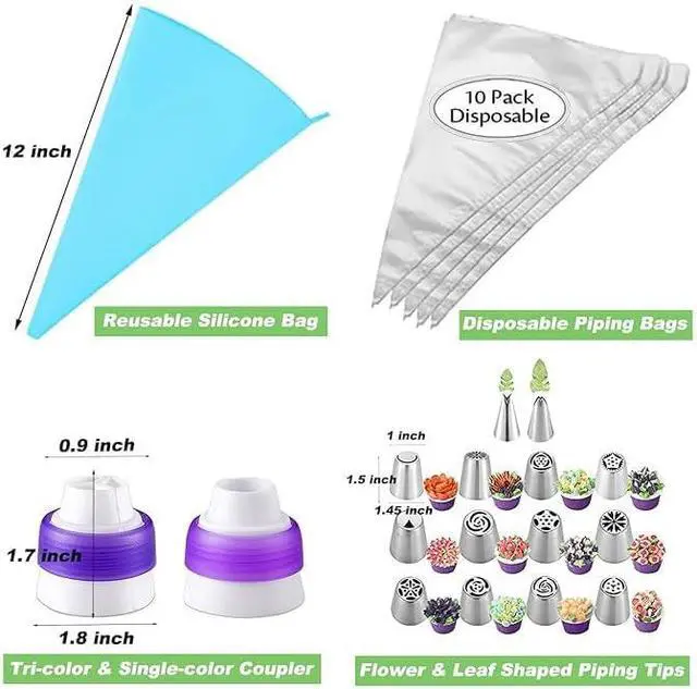 Alt view image 7 of 7 - 28 Pcs Russian Piping Tips Set, Frosting Nozzle Kit, Baking Supplies for Cookie Cupcake (12 Icing Tips 10 Pastry Baking Bags 2 Leaf Piping Tips 2 Couplers 1 Silicone Bag 1 cleaning brush)