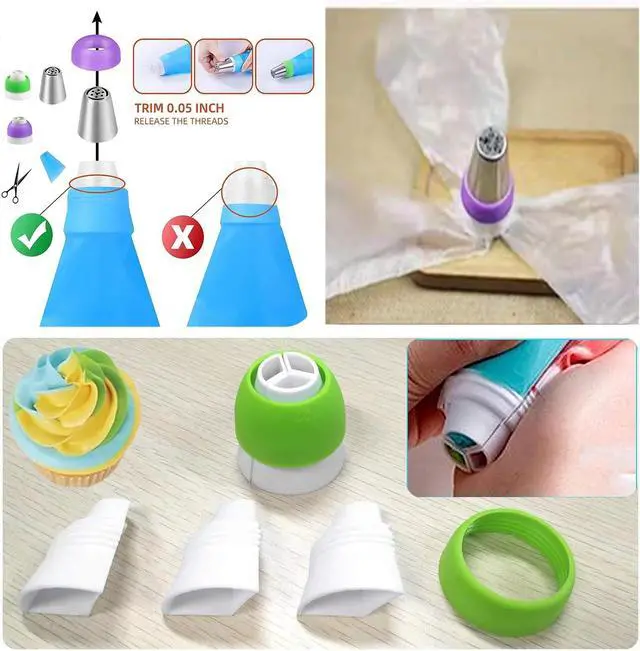 Alt view image 6 of 7 - 28 Pcs Russian Piping Tips Set, Frosting Nozzle Kit, Baking Supplies for Cookie Cupcake (12 Icing Tips 10 Pastry Baking Bags 2 Leaf Piping Tips 2 Couplers 1 Silicone Bag 1 cleaning brush)