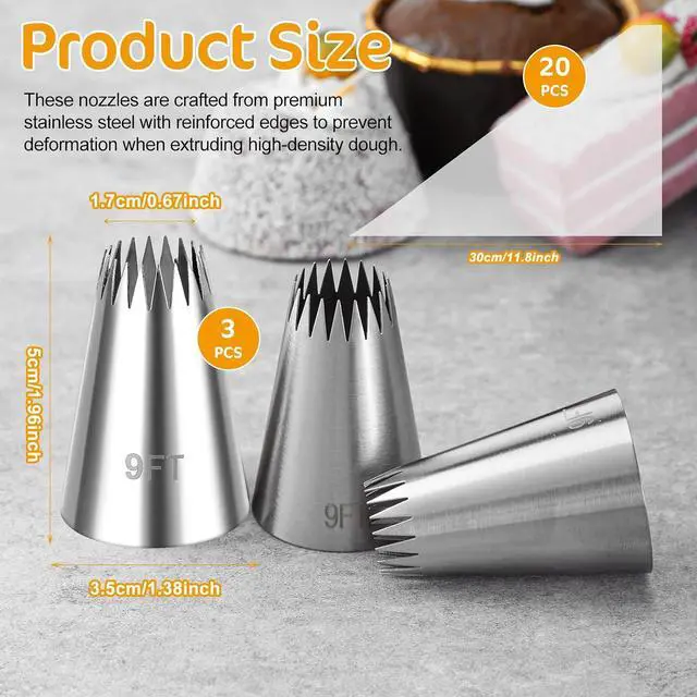 Alt view image 2 of 7 - 3Pcs Piping Bags And Tips Set, Stainless Steel 9FT Large Piping Tips, Churro Piping Tip, Open Star Pastry Tips for Cake Decorating with 20Pcs Disposable Piping Bags