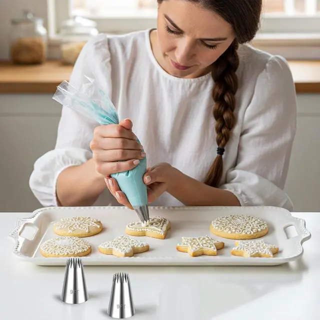 Alt view image 4 of 7 - 3Pcs Piping Bags And Tips Set, Stainless Steel 9FT Large Piping Tips, Churro Piping Tip, Open Star Pastry Tips for Cake Decorating with 20Pcs Disposable Piping Bags