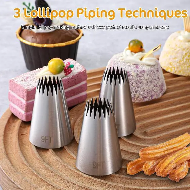 Alt view image 6 of 7 - 3Pcs Piping Bags And Tips Set, Stainless Steel 9FT Large Piping Tips, Churro Piping Tip, Open Star Pastry Tips for Cake Decorating with 20Pcs Disposable Piping Bags