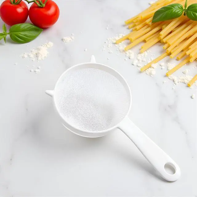 Alt view image 5 of 7 - White Mesh Kitchen Sifter, Plastic Mesh Strainers Sieve, Colanders and Sieve with Handle for Tea Pasta Flour Rice Fruits Vegetable, Food Strainers