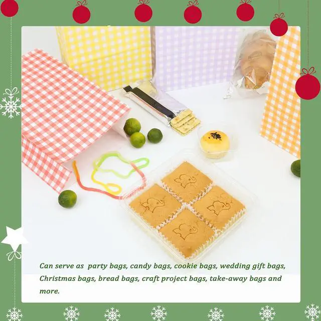 Alt view image 7 of 7 - Chanseen 40 Pack Colorful Plaid Paper Lunch Bags with Stickers Assorted Checkered Treat Bags Gift Bag for Party Favors Candy Goodies Birthday Christmas (5.9"x3.15"x9")
