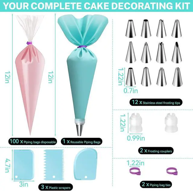 Alt view image 2 of 7 - HOTEC Piping Bags and Tips Set, 120 Pcs Cake Decorating Kit with 100pcs 12 Inch Disposable Pastry Bags, 1 Reusable Piping Bags, 12 Piping Tips, 3 Cake Scraper, 2 Couplers, 2 Bag Ties, Baking Supplies